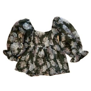 Entro Dark Floral Puff Sleeve Blouse